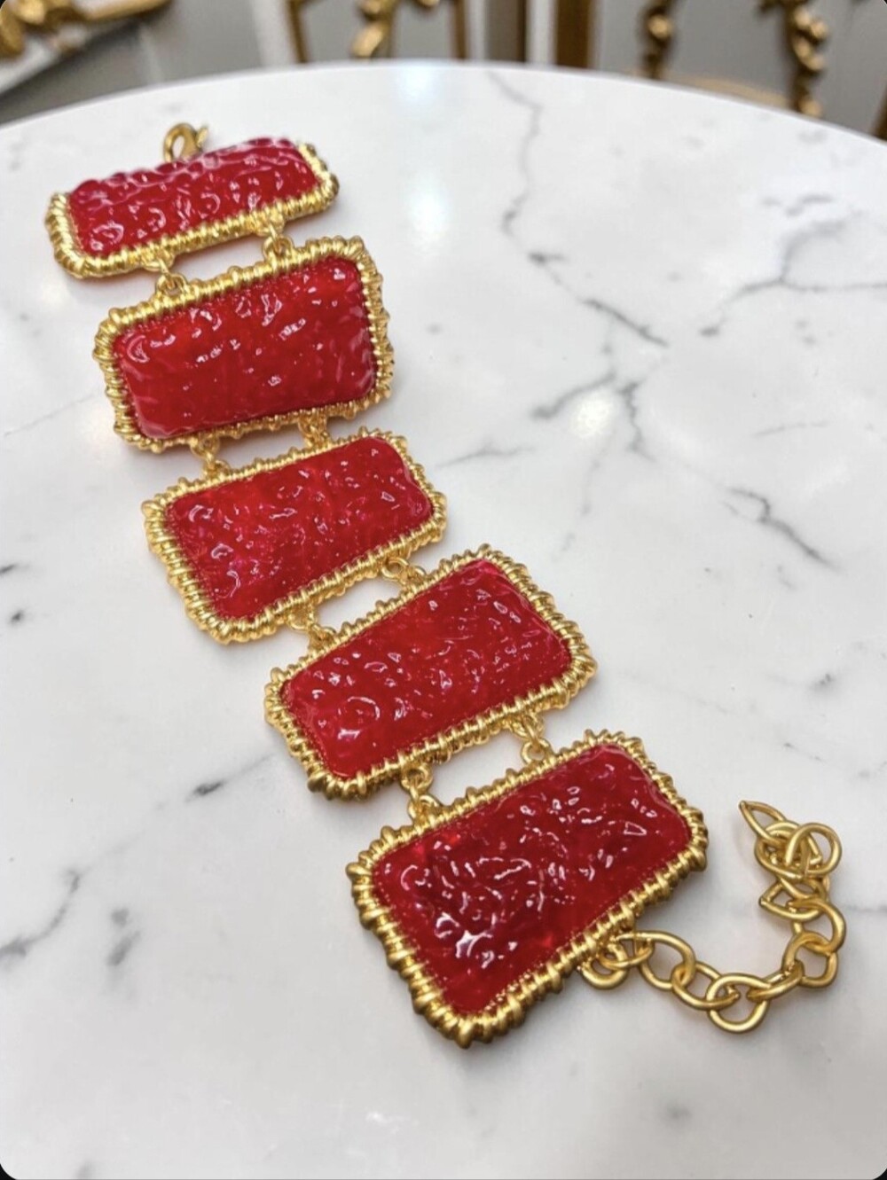 Massive 18k Gold Plated Molded Ruby Glass Double Chain Panel Bracelet